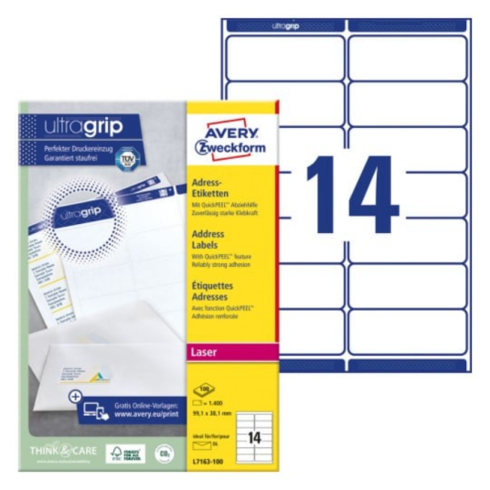 Avery-adresseetiketter med QuickPEEL™ og Ultragrip 99,1 x 38,1 mm 1400-etiketter hvit SAV-L7163-100 Avery-adresseetiketter med QuickPEEL™ og Ultragrip 99,1 x 38,1 mm 1400-etiketter hvit SAV-L7163-100