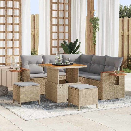vidaXL Hagesofa Set 9 stk. 8-Antall seter Beige og lys grå polyrotting