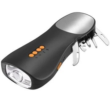 Multifunksjonell lommelykt med håndsveiv og FM-radio verktøysett powerbank svart