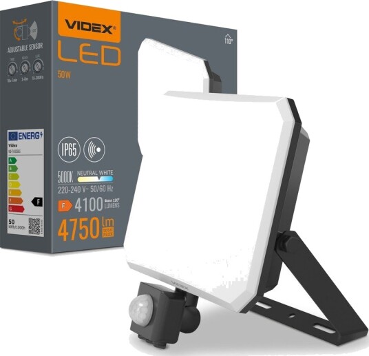 Videx 50W LED lyskaster med sensor   4750lm IP65 5000K sort utendørs arbeidslampe   Kulør : Nøytral