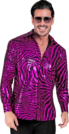 Skinnende Svart og Mørk Rosa Skjorte med Zebrastripemønster til Herre   Large/X Large