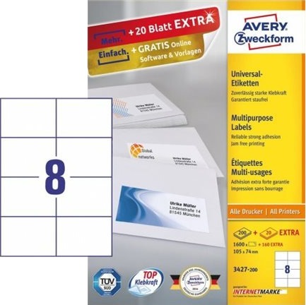 Avery Zweckform Universal - Papir - Permanet Adhesiv - Hvit - 105 X 74 Mm 1600 Etikett(Er) (200 Ark X 8) Flerbruks Merkelapper