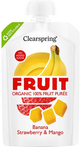 Clearspring Banan Jordbær & Mango Frugtpuré Ø   100 gr