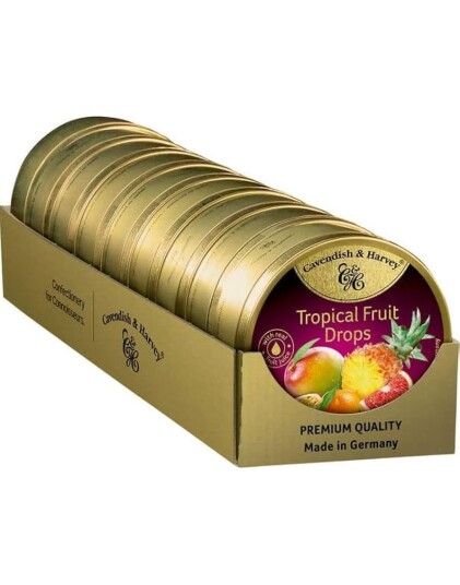 9 stk Cavendish & Harvey Tropical   Tropiske Sukkertøy i Metallboks   Hel Eske 1,8 kg