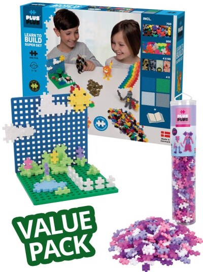 Plus Plus basic Lær å bygge byggesett med 1200 brikker og 4 byggeplater med Glitter tube med 240 brikker