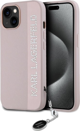 Karl Lagerfeld Saffiano Mobildeksel med Rhinestones til iPhone 15/14/13 Rosa