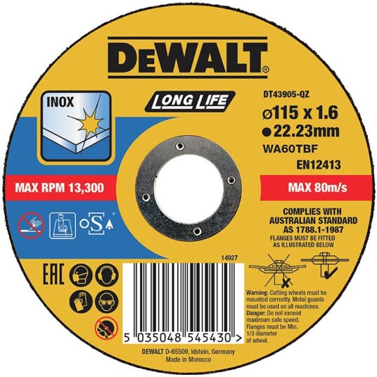 Dewalt DT43905 115 mm Kappeskive for Rustfritt Stål med 1,6 mm Tykkelse