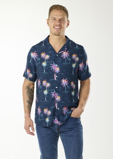 Blount & Pool Honolulu Shirt Navy Sea Palm M Kortarmede Skjorter