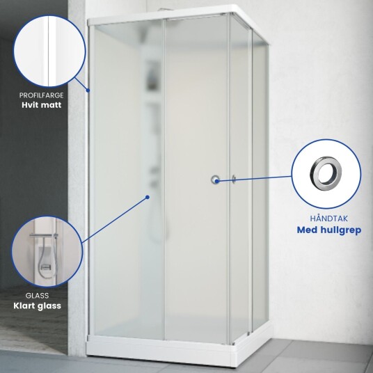 Macro Flow Rett Dusjkabinett, m/armatur 81x81 cm, Hvit/Klarglass, Klar bakvegg