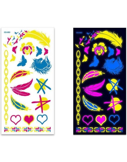 Ark med Fluorescerende Hjerter Fugler Fjær og Andre Tatoveringer UV Fake Tattoo