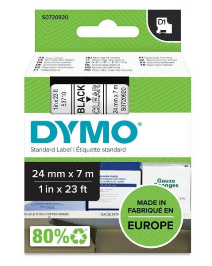 DYMO D1 tape, 24mm x 7m rull, sort på klar, selvklebende tape til LabelManager printere, original DYMO D1 tape, 24mm x 7m rull, sort på klar, selvklebende tape til LabelManager printere, original