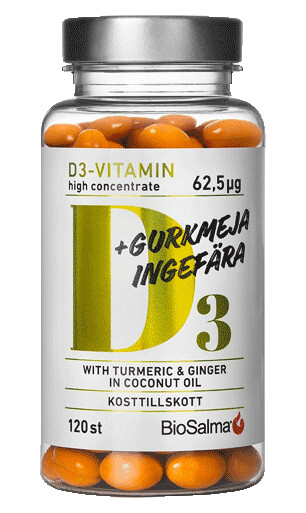 D3 62,5µg Plus Gurkemeie Ingefær 120 kapslar D3 62,5µg Plus Gurkemeie Ingefær 120 kapslar