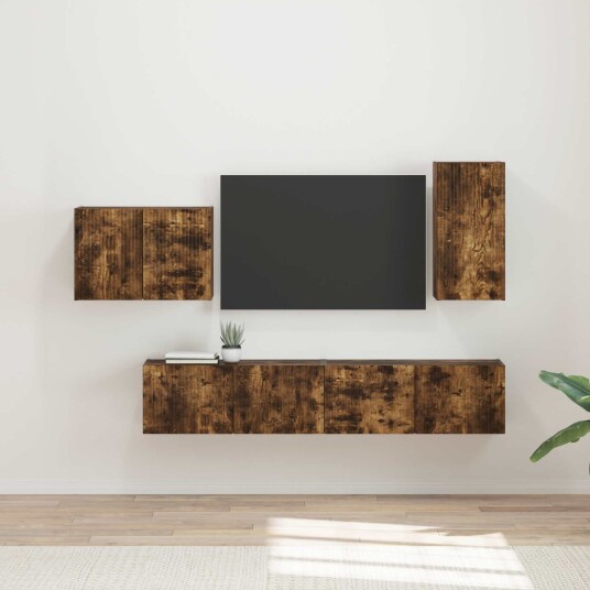  TV vegghyllesett Veggmontert 4 pcs Røkt eik Konstruert tre