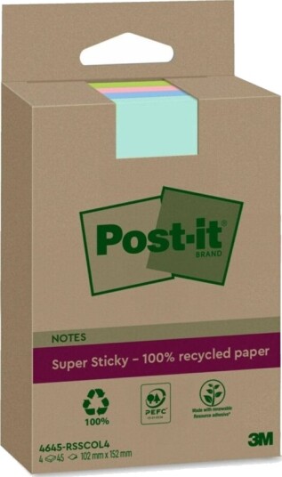 Post It 4645 Rsscol4 Rektangel Blå Grønn Rosa Turkis 100% 102 Mm 152 Mm 45 Ark