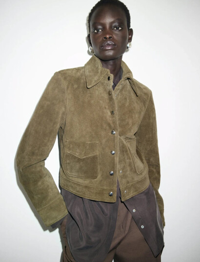 Mango Suede Leather Jacket With Buttons - Khaki green - XXS Mango Suede Leather Jacket With Buttons - Khaki green - XXS