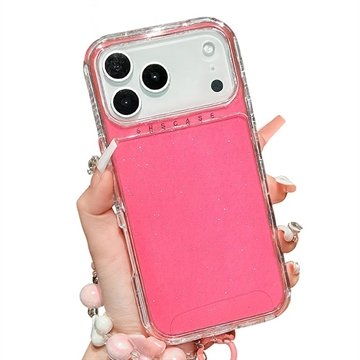 iPhone 17 Pro Max Glitter støtsikkert hybriddeksel med håndleddsstropp Varm Rosa
