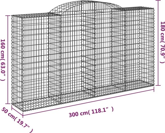 vidaXL Gabionkurv buet 300x50x160/180 cm galvanisert jern
