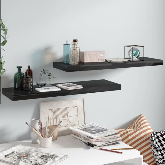 vidaXL Flytende vegghyller 2 stk h?yglans svart 80x23,5x3,8 cm MDF vidaXL Flytende vegghyller 2 stk h?yglans svart 80x23,5x3,8 cm MDF