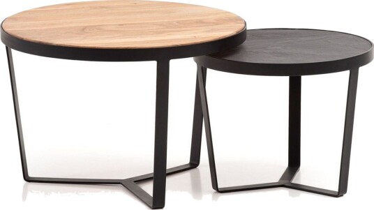 Sofabord Wohnling Sett med 2 runde i heltre og steinoptikk, design metallbase, landlig stil Svart, akasie - Svart, akasie Sofabord Wohnling Sett med 2 runde i heltre og steinoptikk, design metallbase, landlig stil Svart, akasie - Svart, akasie