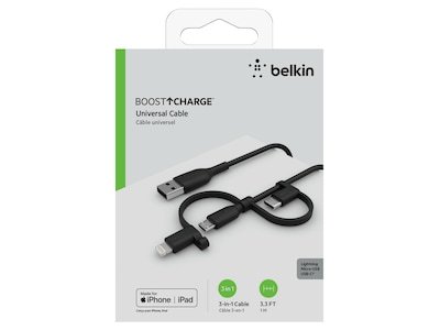Belkin 3-i-1 USB-A Ladekabel 1m med Lightning, Micro-USB og USB-C - Svart Belkin 3-i-1 USB-A Ladekabel 1m med Lightning, Micro-USB og USB-C - Svart