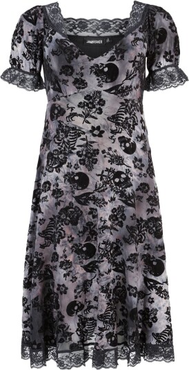 Jawbreaker Goth Middellang kjole Flocked Skull Midi Kjole med Blondetrim S til XL Damer svart grå