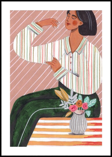 Woman in Stripes Shirt and Green Pants Plakat / 21x30