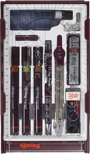 Rotring rOtring Isograph Technical Pen Master Set 3 Fineliners .1mm .3mm .5mm Mechanical Pencil .5mm Compass & Accessories 1-Piece Set in Case