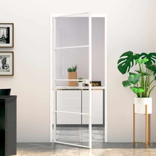 vidaXL Innerdør hvit 83x201,5 cm herdet glass og aluminium slank