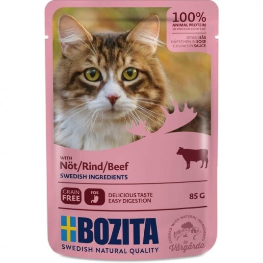 Bozita Biter i Saus med Biffkjøtt for Katt 85 g - Våtfôr