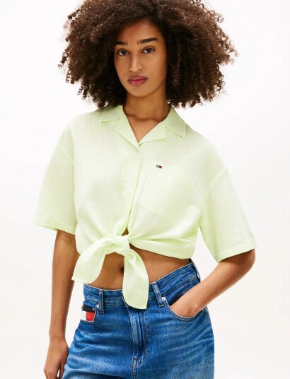 Tommy Jeans Tjw Tie Front Linen Shirt Green L