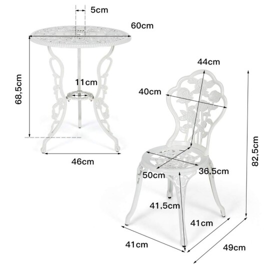 3 stk. Hagemøbelsett balkongsett med 2 stoler & bord laget av støpt aluminium & støpejern hvitt 3 stk. Hagemøbelsett balkongsett med 2 stoler & bord laget av støpt aluminium & støpejern hvitt