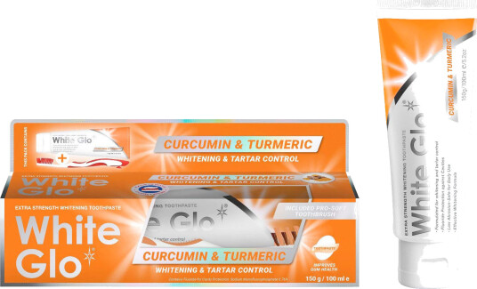 Tannbleking Tannkrem + tannbørste WHITE GLO Curcumin & Gurkemeie