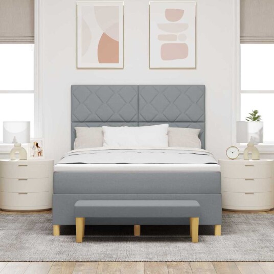 Boksfjær Seng med madrass Lysegrå 160 x 200 cm stoff Boksfjær Seng med madrass Lysegrå 160 x 200 cm stoff