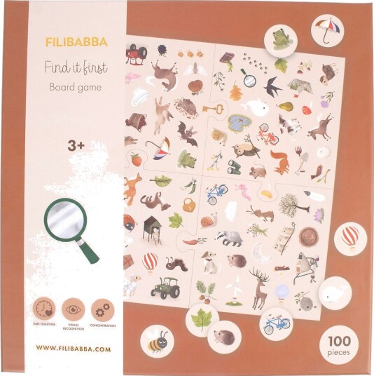 FILIBABBA Hvem finner det først? Barnespill med illustrerte brikker