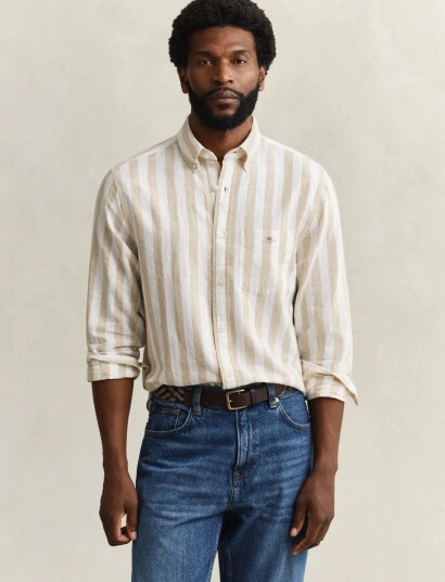 GANT Reg Cotton Linen Stripe Shirt   Beige   XXL