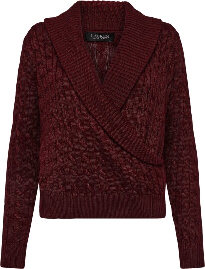Lauren Ralph Lauren Cable Cotton Blend Shawl Collar Sweater DARK GARNET XS