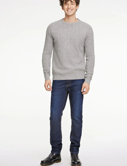 Lindbergh Lambswool Raglan Cable O-Neck Knit - Grey - XL