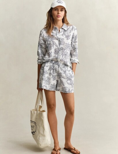 GANT Floral Print Linen Pull On Shorts White 32