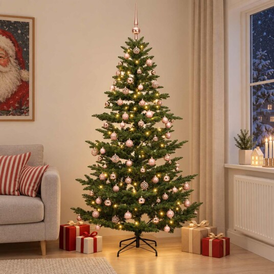vidaXL Kunstig juletre med julekuler 240 cm 300 LED-lys Varmhvit