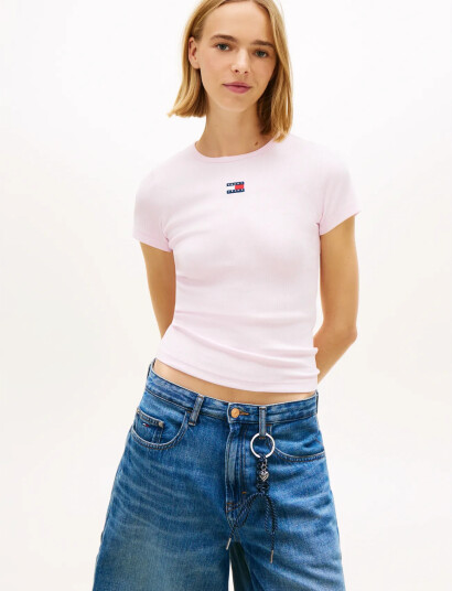 Tommy Jeans Tjw Slim Badge Rib Tee   Pink   M
