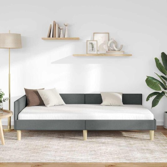 Hjørnesengramme Mørke grå 90 x 190 cm Stoff og Konstruert tre Hjørnesengramme Mørke grå 90 x 190 cm Stoff og Konstruert tre