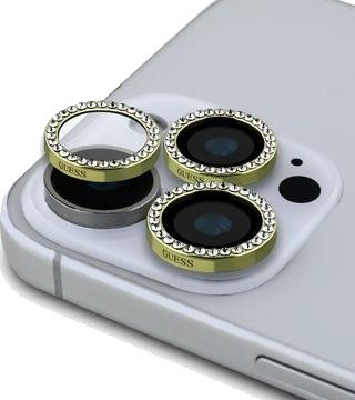 iPhone 16 Pro/16 Pro Max Guess Fixed Glitter Kameralinsebeskytter - gull