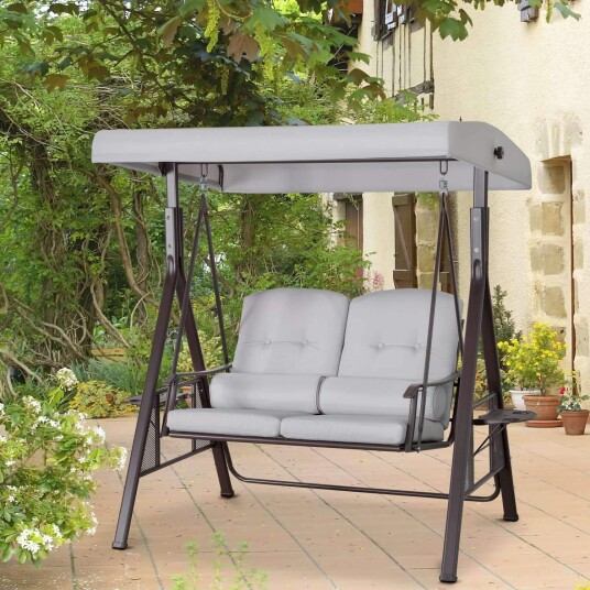 2 seters verandahuske med solseil puter og brett moderne hagehuske laget av metall og polyester grå 162x118x173cm 2 seters verandahuske med solseil puter og brett moderne hagehuske laget av metall og polyester grå 162x118x173cm