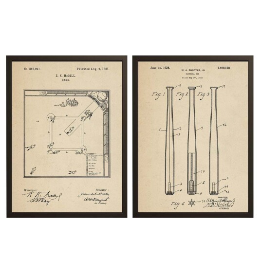 Patenttegning Plakat Baseball Bat og Spill / Sett av 2