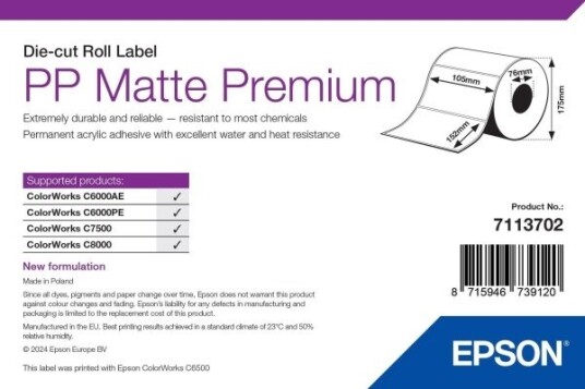 Epson Premium Polypropylen Pp Matt Permanent Akryl Adhesiv 105 X 152 Mm 800 EtikettEr 1 RullEr X 800 Stanseskårne Etiketter