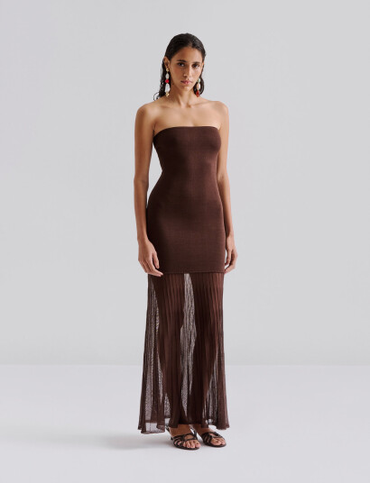 Malina Isola Drop Waist Sheer Knitted Dress - Brown - S Malina Isola Drop Waist Sheer Knitted Dress - Brown - S