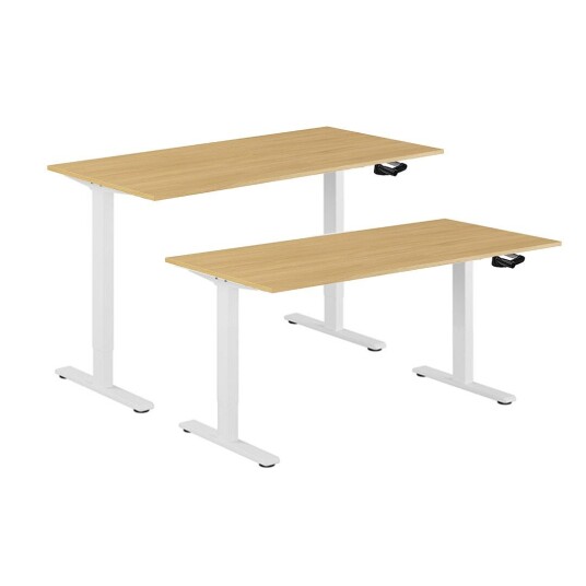 Design Studio Hev Og Senkbart Skrivebord, Sveiv, Hvit Stativ, Bordplate I Eik, 8 Størrelser