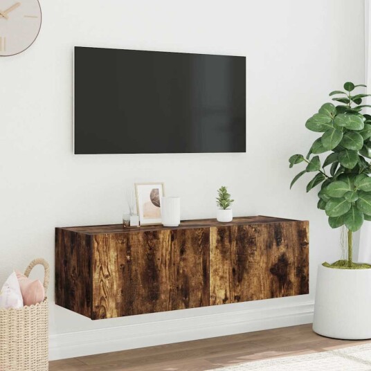 vidaXL Vegghengt TV-benk med LED røkt eik 100x35x31 cm 8721012258839