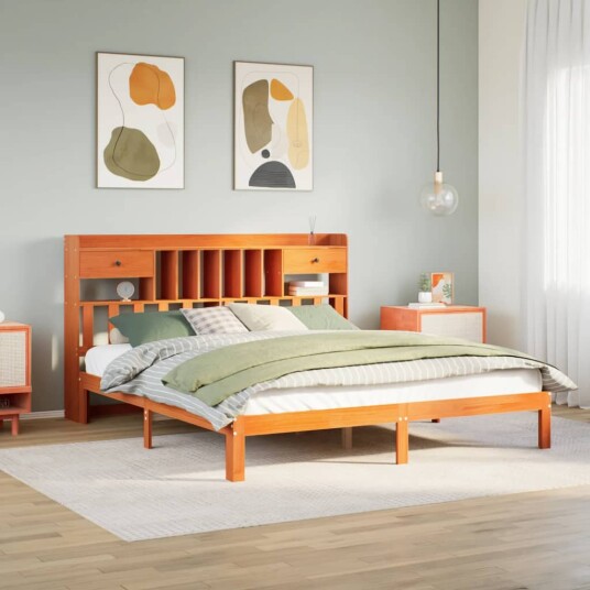 Seng med bokhylle uten madrass voksbrun 180x200 cm heltre furu 8721158614094