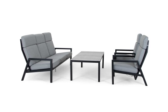 Brafab Belfort sofagruppe Svart med grå dyna 3 seter sofa 2 st reclinerstoler & sofabord 140x70 cm